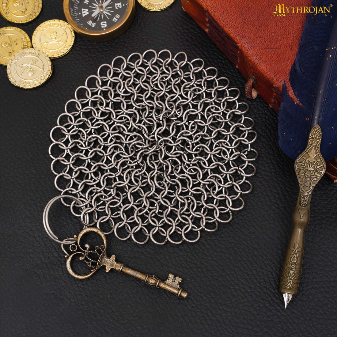 Mythrojan Chainmail Round Stainless Steel Scrubber, Ideal for Cleaning Cast Iron Skillet, Wok, Cooking Pot, Griddle or Cast Iron Cauldron Maintenance, Diameter: 7”
