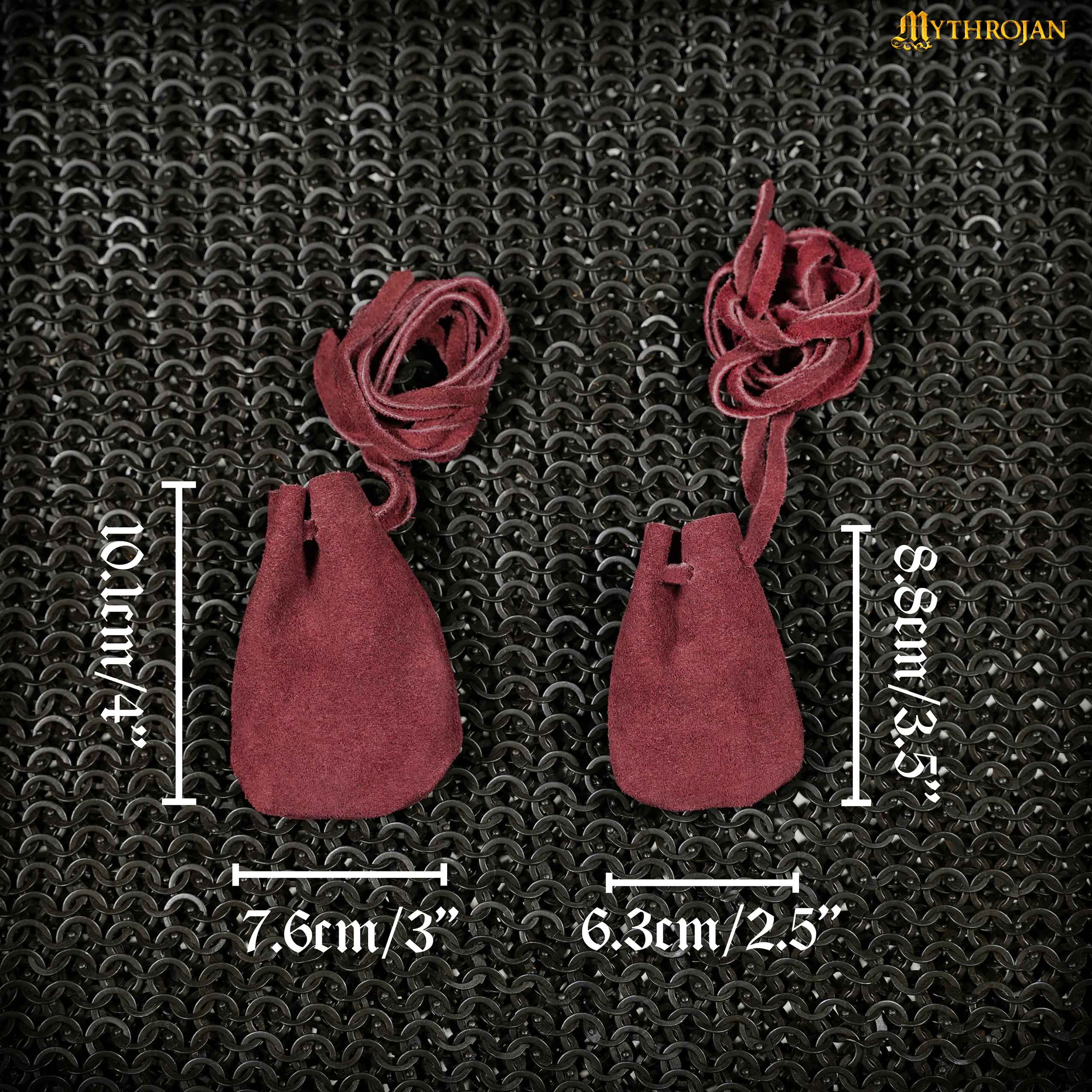 Mythrojan Pair of Medieval Drawstring Pouches, Ideal for SCA LARP Reenactment &amp; Ren fair - Suede Leather, Wine Red