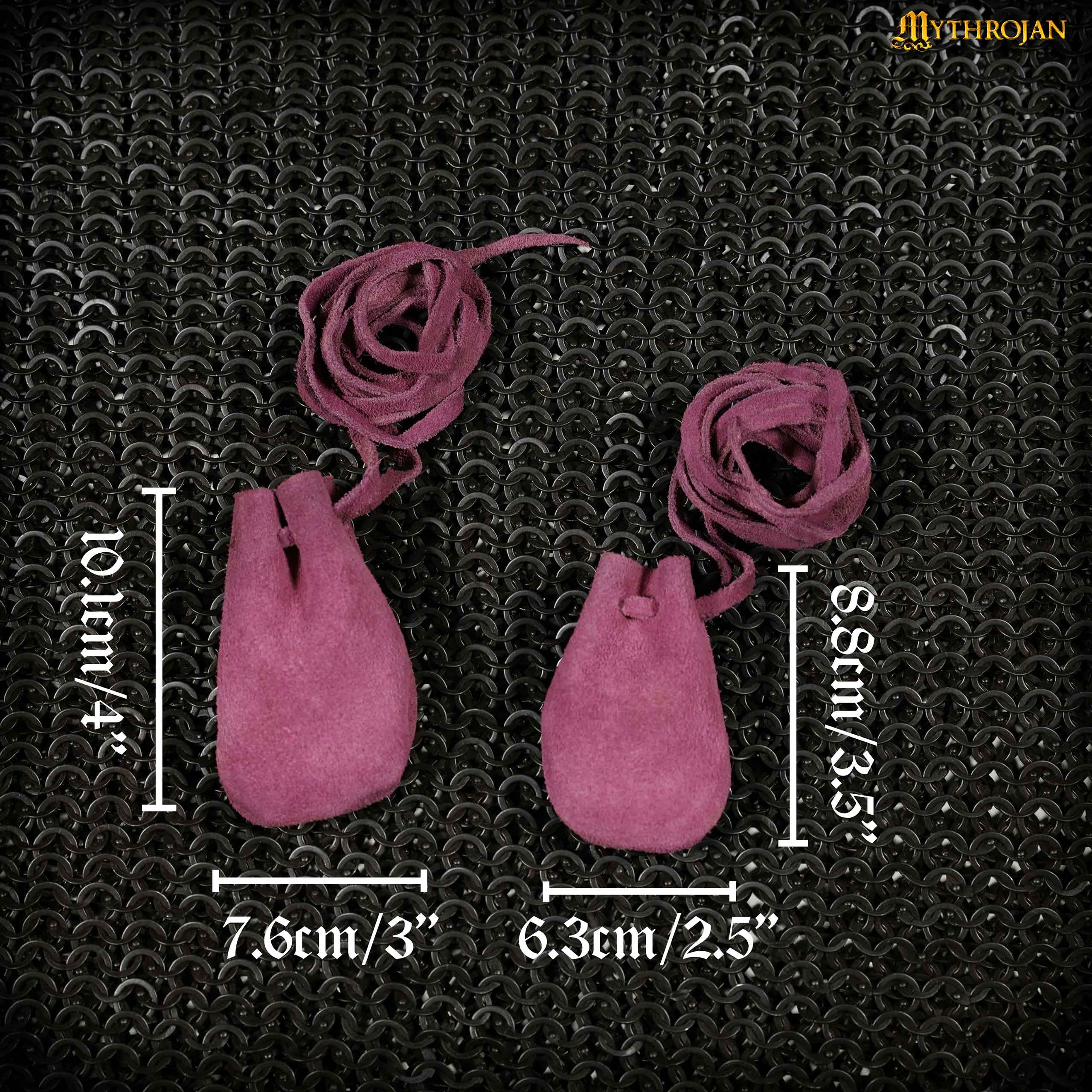 Mythrojan Pair of Medieval Drawstring Pouches, Ideal for SCA LARP Reenactment &amp; Ren fair - Suede Leather, Purple