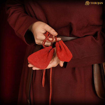 Mythrojan Pair of Medieval Drawstring Pouches, Ideal for SCA LARP Reenactment &amp; Ren fair - Suede Leather, Red