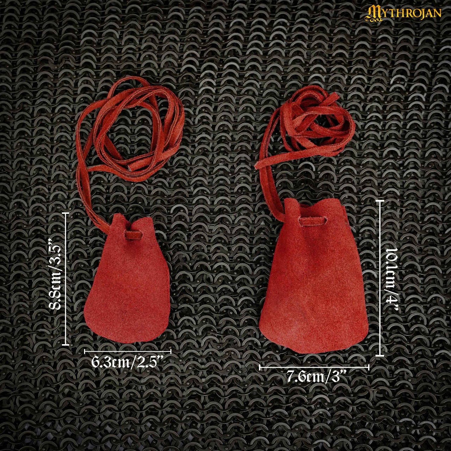 Mythrojan Pair of Medieval Drawstring Pouches, Ideal for SCA LARP Reenactment &amp; Ren fair - Suede Leather, Red