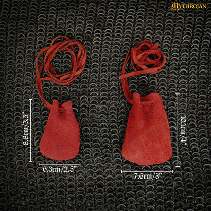 Mythrojan Pair of Medieval Drawstring Pouches, Ideal for SCA LARP Reenactment &amp; Ren fair - Suede Leather, Red