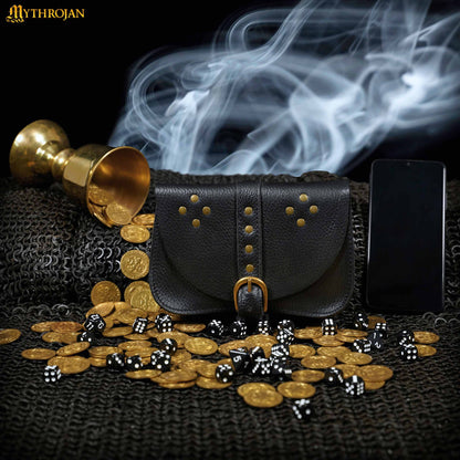 Mythrojan Leather Hip Pouch, Ideal for Medieval LARP Cosplay SCA belt Purse, Full Grain Leather, Black, 7.4”×5.1”