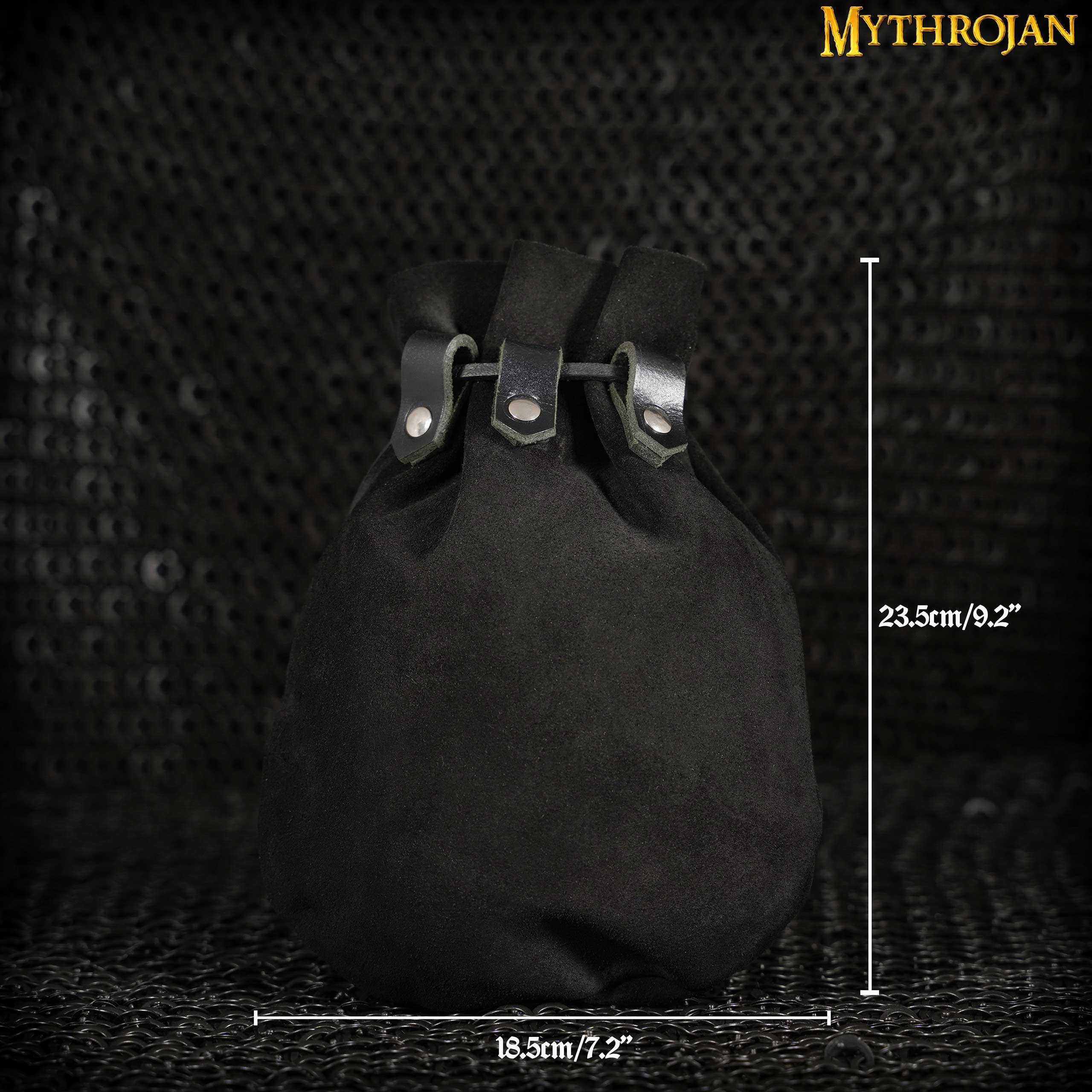 Mythrojan “ Gold and Dice ” Medieval Drawstring Bag, Ideal for SCA LARP Reenactment &amp; Ren fair Suede Leather Pouch, Black 9.2” ×7.2 ”