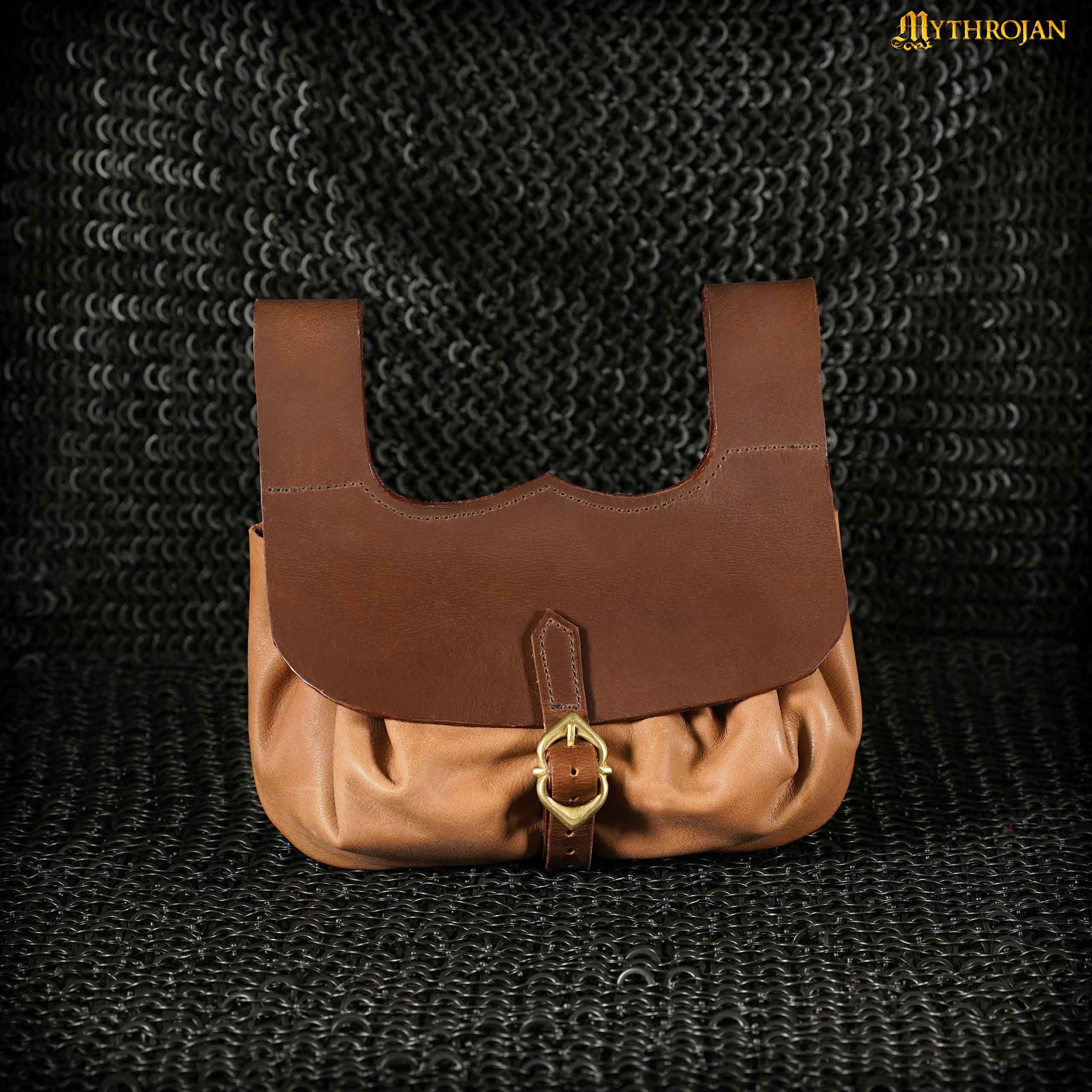 Mythrojan Medieval Belt Bag with Solid Brass Buckle , Ideal for Cosplay SCA LARP Reenactment &amp; Ren fair, Full Grain Leather, Brown , 8.2 ” × 8.6”