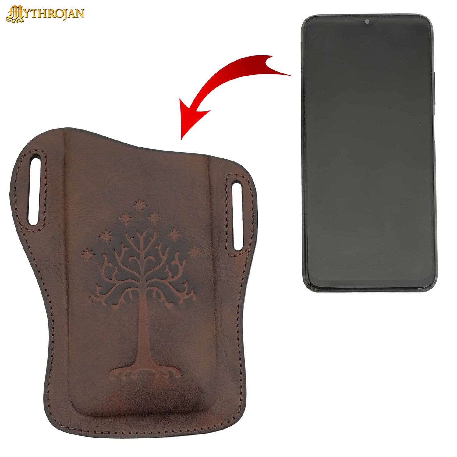 Mythrojan The Tree of Gondor/Numenor Phone Case Genuine Leather Belt Pouch for Mobile Phones, Full Grain Leather, Brown, Medium, 6.2”x5.3”