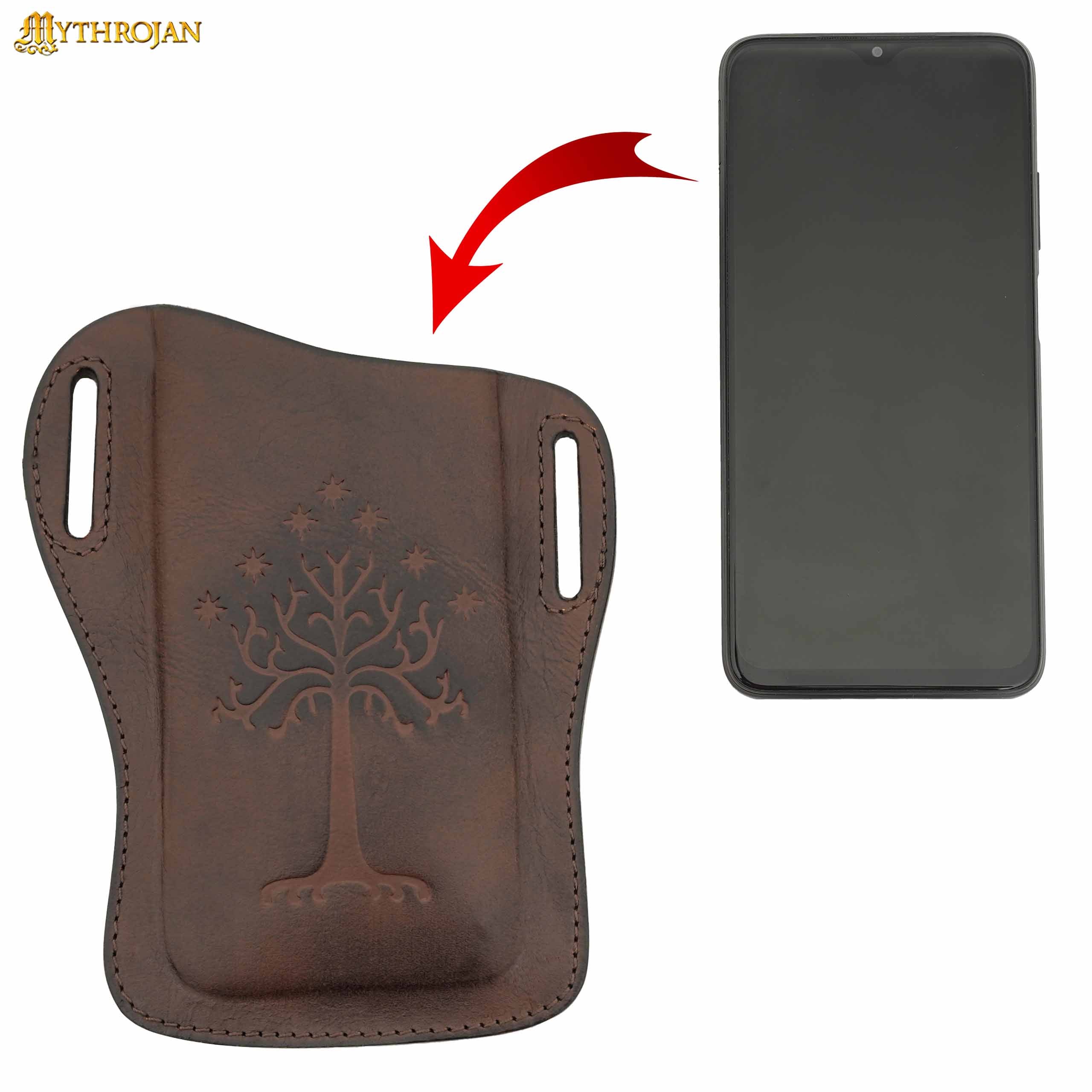 Mythrojan The Tree of Gondor / Numenor Phone Case Genuine Leather Belt Pouch for Mobile Phones, Full Grain Leather, Brown