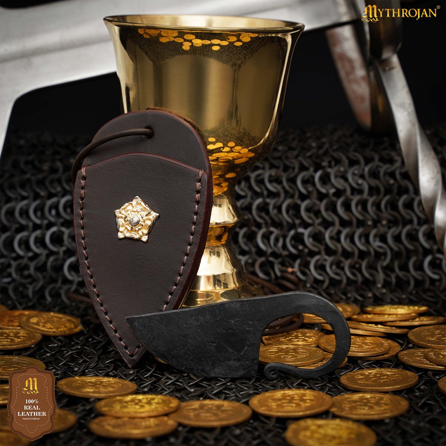 Mythrojan Celtic Ring Knife Hand Forged Necklace Knife Brown Decoration with Leather Sheath