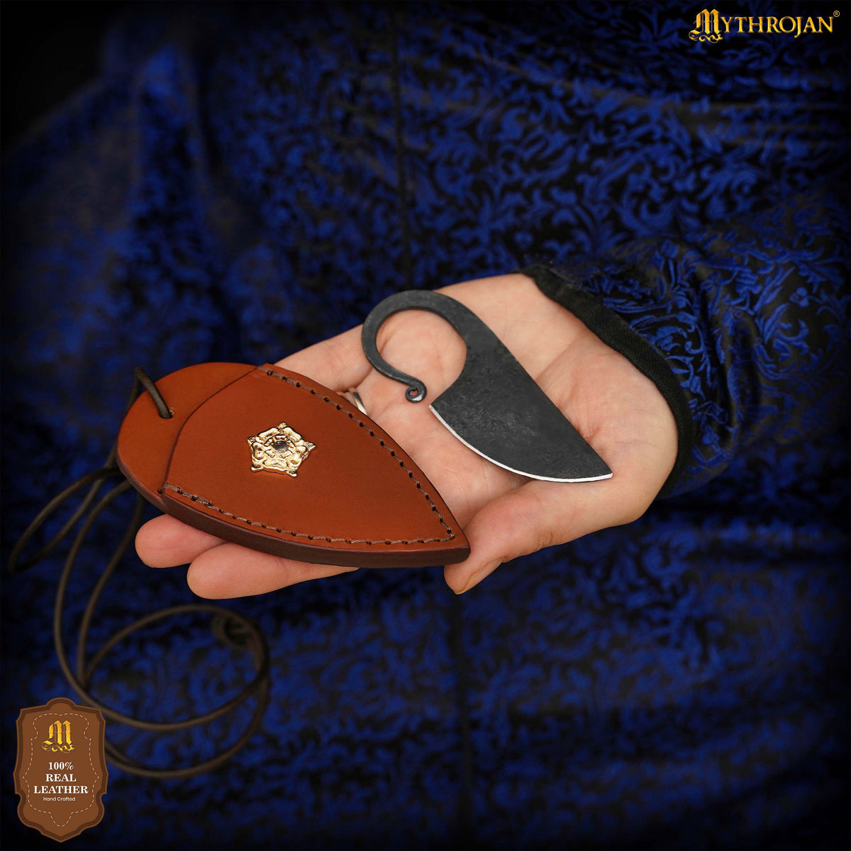 Mythrojan Celtic Ring Knife Hand Forged Necklace Knife Brown Decoration with Leather Sheath