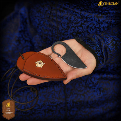 Mythrojan Celtic Ring Knife Hand Forged Necklace Knife Brown Decoration with Leather Sheath