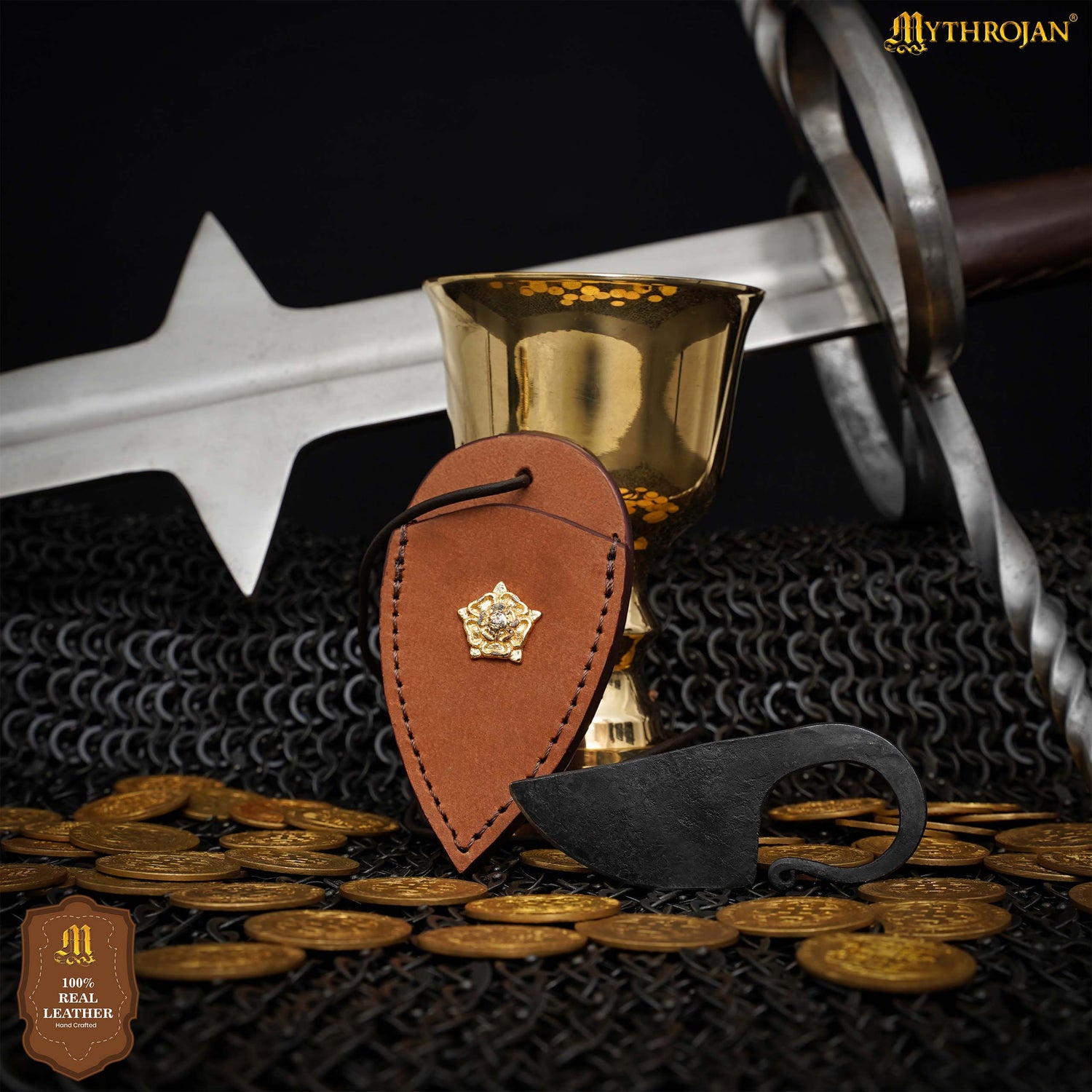 Mythrojan Celtic Ring Knife Hand Forged Necklace Knife Veg Tan Decoration with Leather Sheath