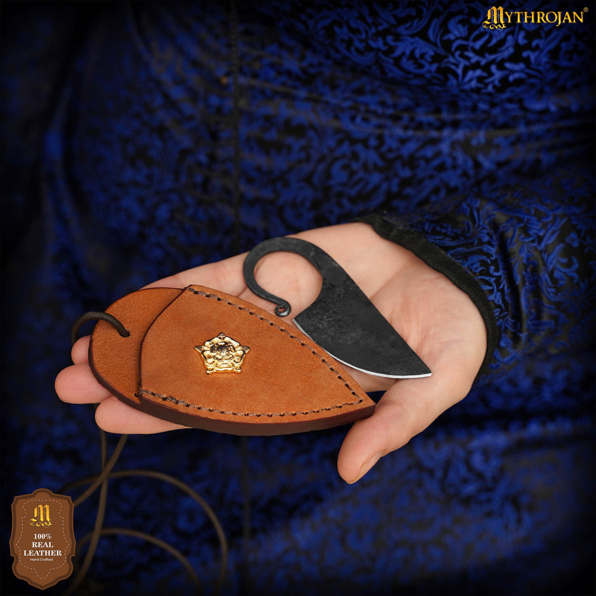 Mythrojan Celtic Ring Knife Hand Forged Necklace Knife Brown Decoration with Leather Sheath