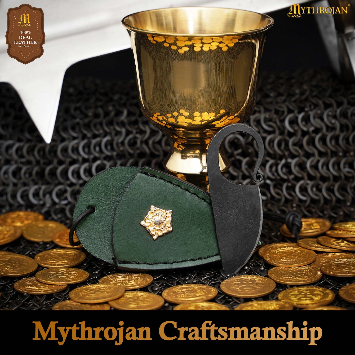 Mythrojan Celtic Ring Knife Hand Forged Necklace Knife with Green Leather Sheath