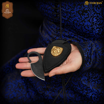Mythrojan Celtic Ring Knife Hand Forged Knife Necklace with Black Leather Sheath