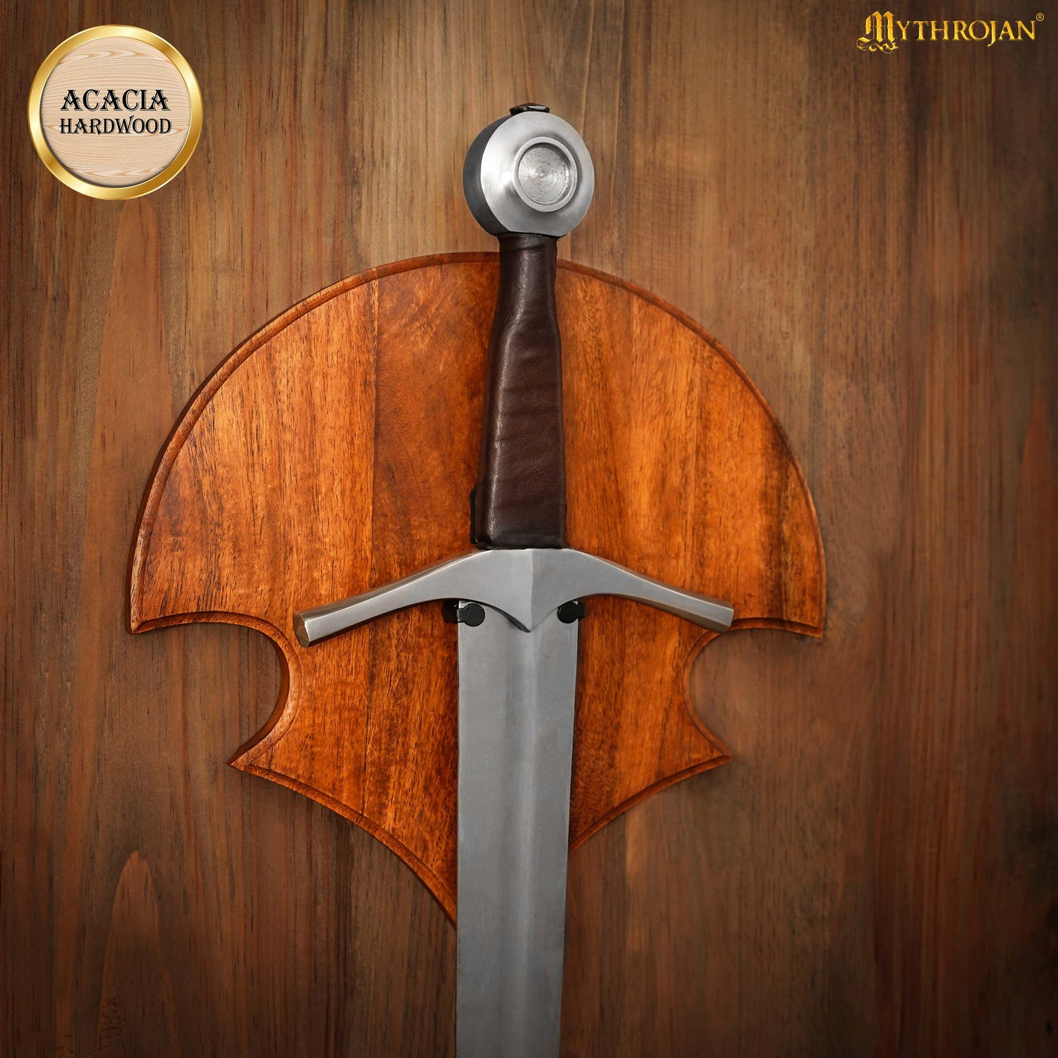 Mythrojan Universal Wooden Sword Plaque with Sword Holder : Wall Mount Sword Wall Plaque Wood Display Plaque with Hardware
