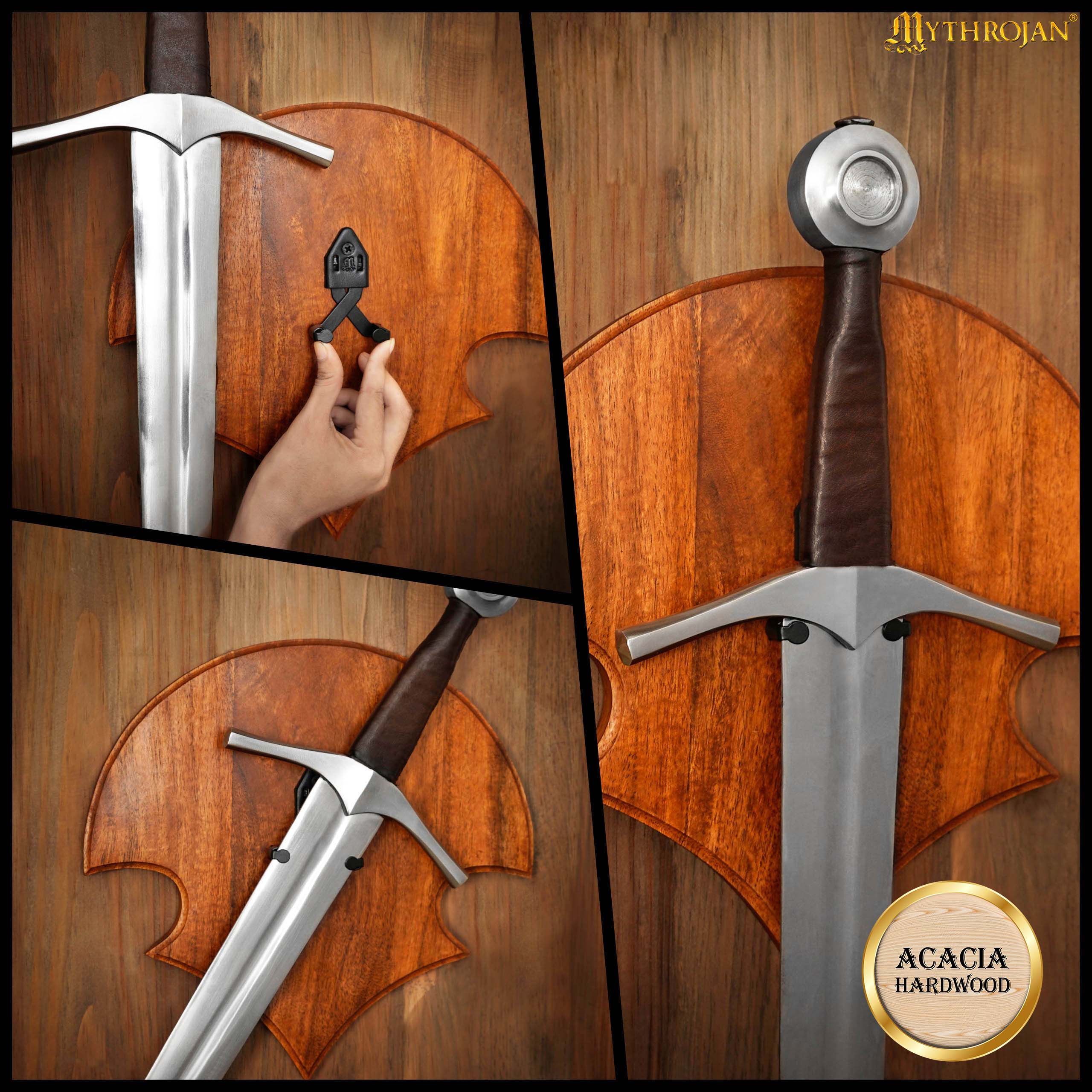Mythrojan Universal Wooden Sword Plaque with Sword Holder : Wall Mount Sword Wall Plaque Wood Display Plaque with Hardware