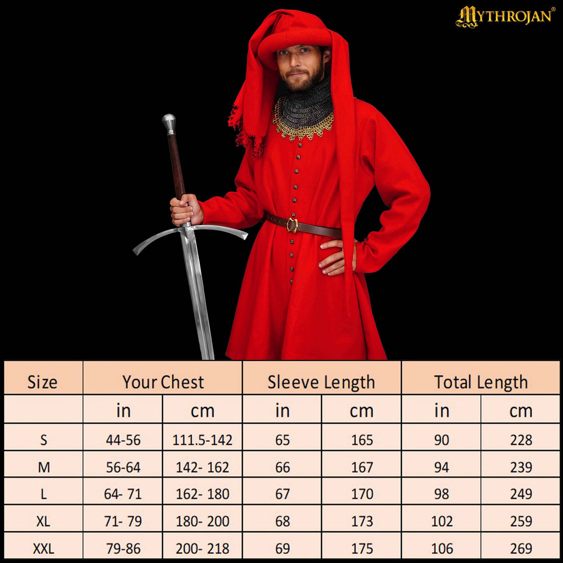 Mythrojan late medieval Houppelande gown, wool livery coat, ideal for 14 th &amp; 15 th century Medieval reenactment, SCA, LARP