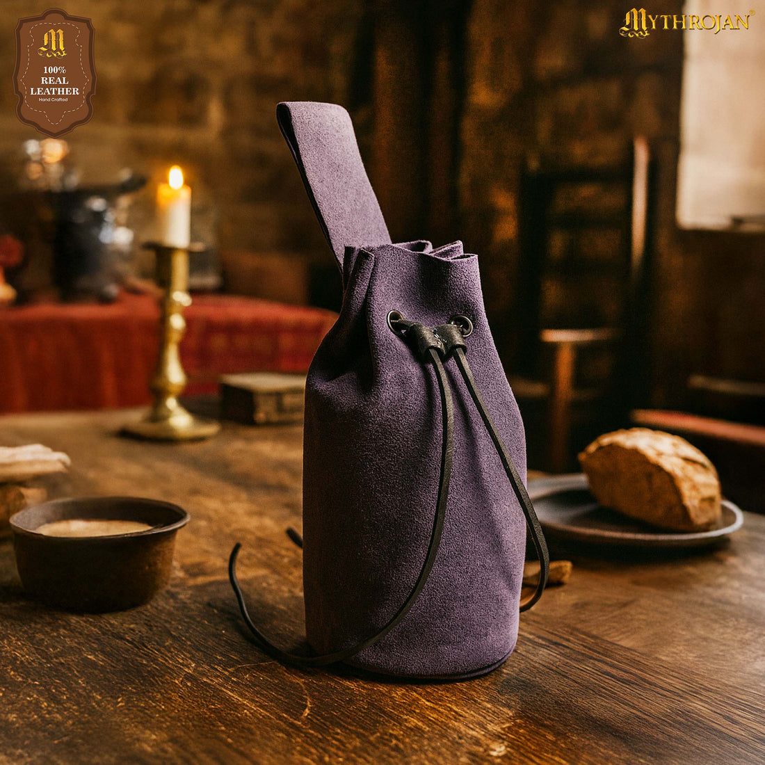 Mythrojan Medieval Drawstring Belt Bag, Ideal for SCA LARP Reenactment &amp; Ren Fair, Suede Leather, Dark Blue, 8”×6.5”