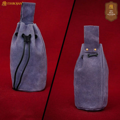 Mythrojan Medieval Drawstring Belt Bag, Ideal for SCA LARP Reenactment &amp; Ren Fair, Suede Leather, Dark Blue, 8”×6.5”