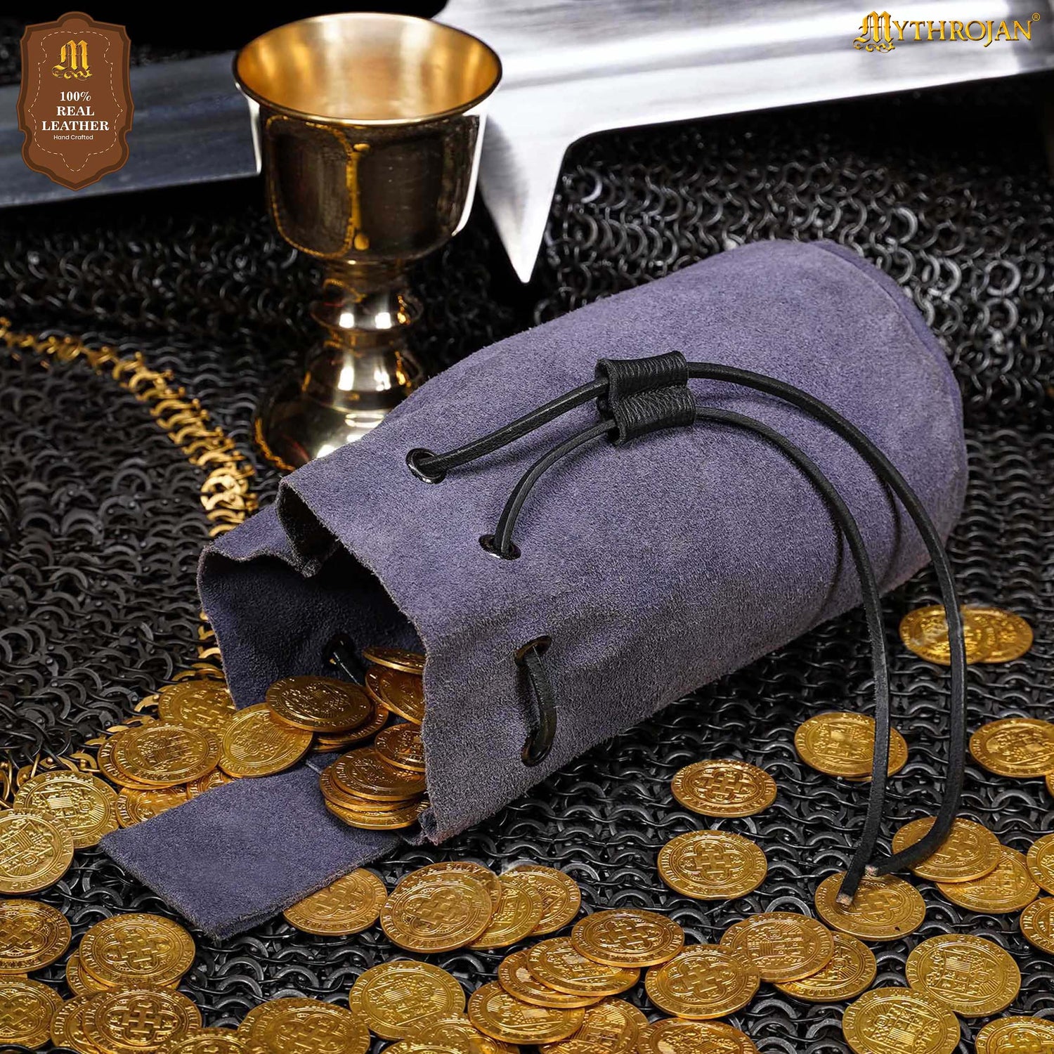 Mythrojan Medieval Drawstring Belt Bag, Ideal for SCA LARP Reenactment &amp; Ren Fair, Suede Leather, Dark Blue, 8”×6.5”