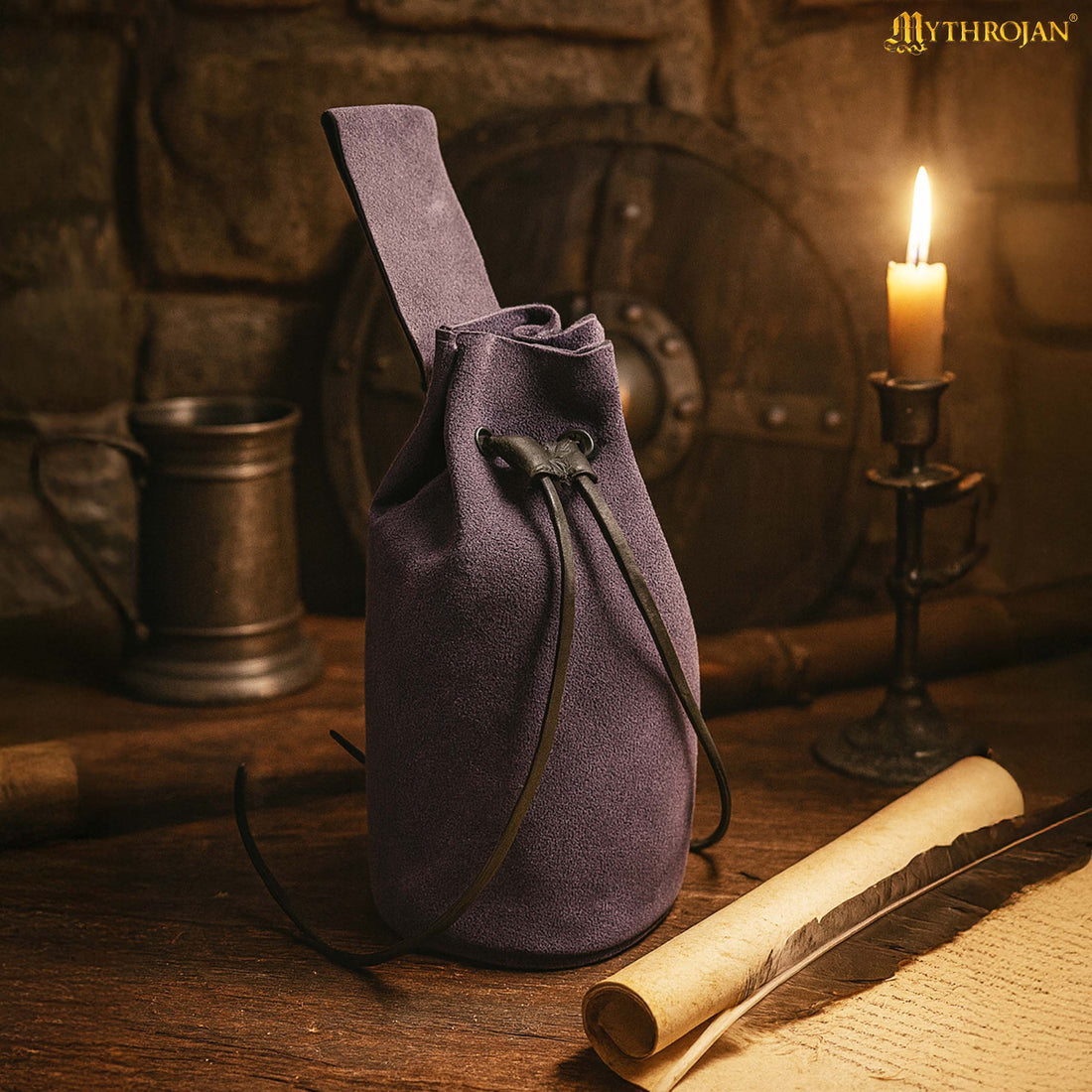 Mythrojan Medieval Drawstring Belt Bag, Ideal for SCA LARP Reenactment &amp; Ren Fair, Suede Leather, Dark Blue, 8”×6.5”