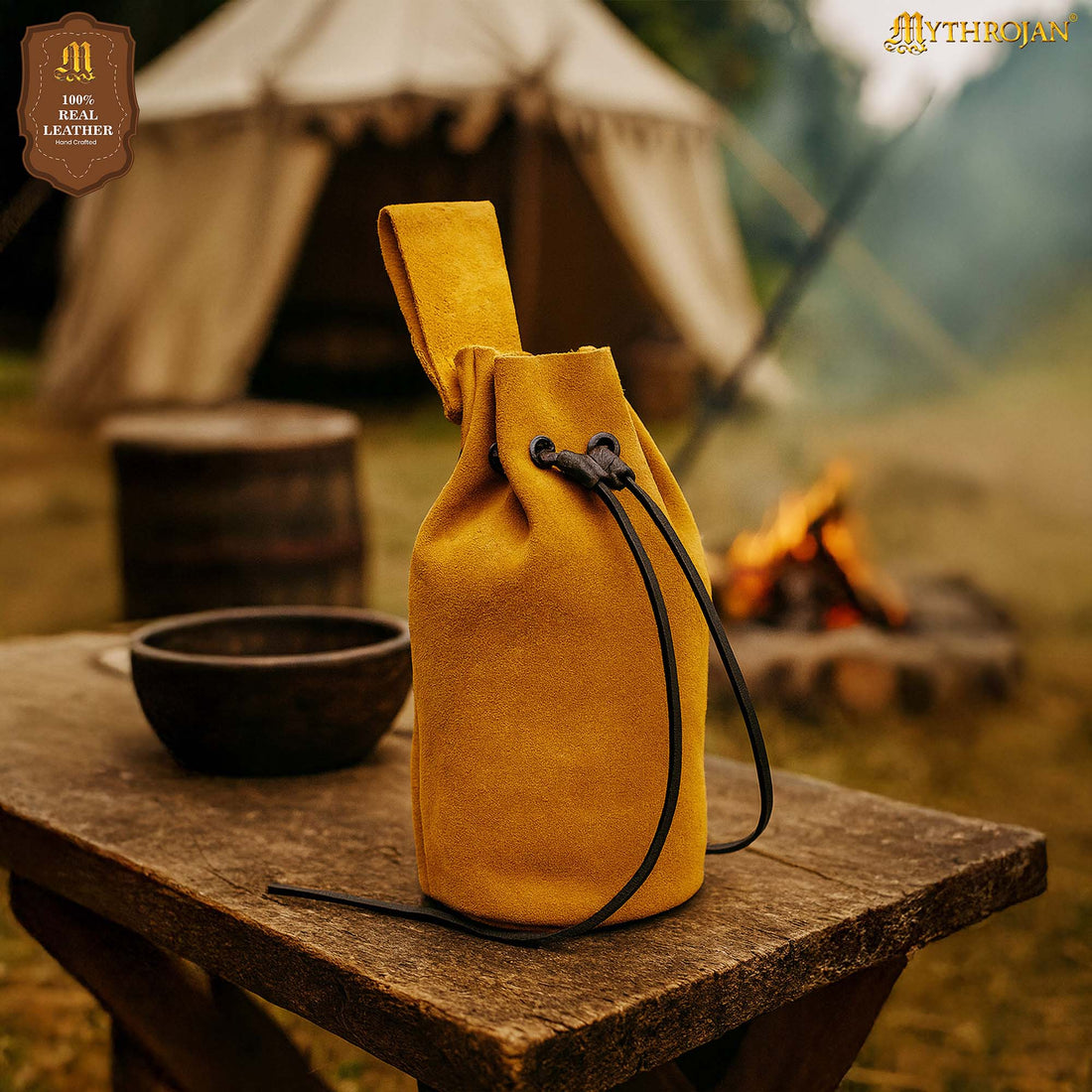 Mythrojan Medieval Drawstring Belt Bag, Ideal for SCA LARP Reenactment &amp; Ren fair , Suede Leather , Yellow 8” ×6.5 ”