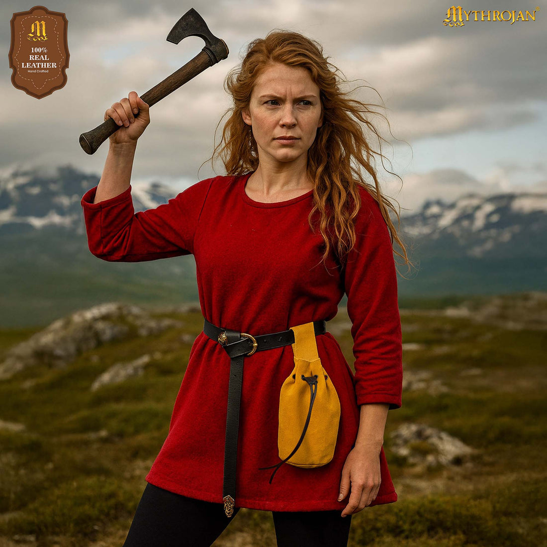 Mythrojan Medieval Drawstring Belt Bag, Ideal for SCA LARP Reenactment &amp; Ren fair , Suede Leather , Yellow 8” ×6.5 ”