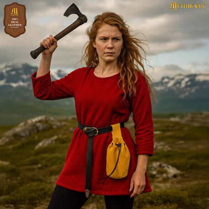 Mythrojan Medieval Drawstring Belt Bag, Ideal for SCA LARP Reenactment &amp; Ren fair , Suede Leather , Yellow 8” ×6.5 ”
