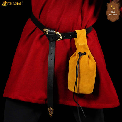 Mythrojan Medieval Drawstring Belt Bag, Ideal for SCA LARP Reenactment &amp; Ren fair , Suede Leather , Yellow 8” ×6.5 ”
