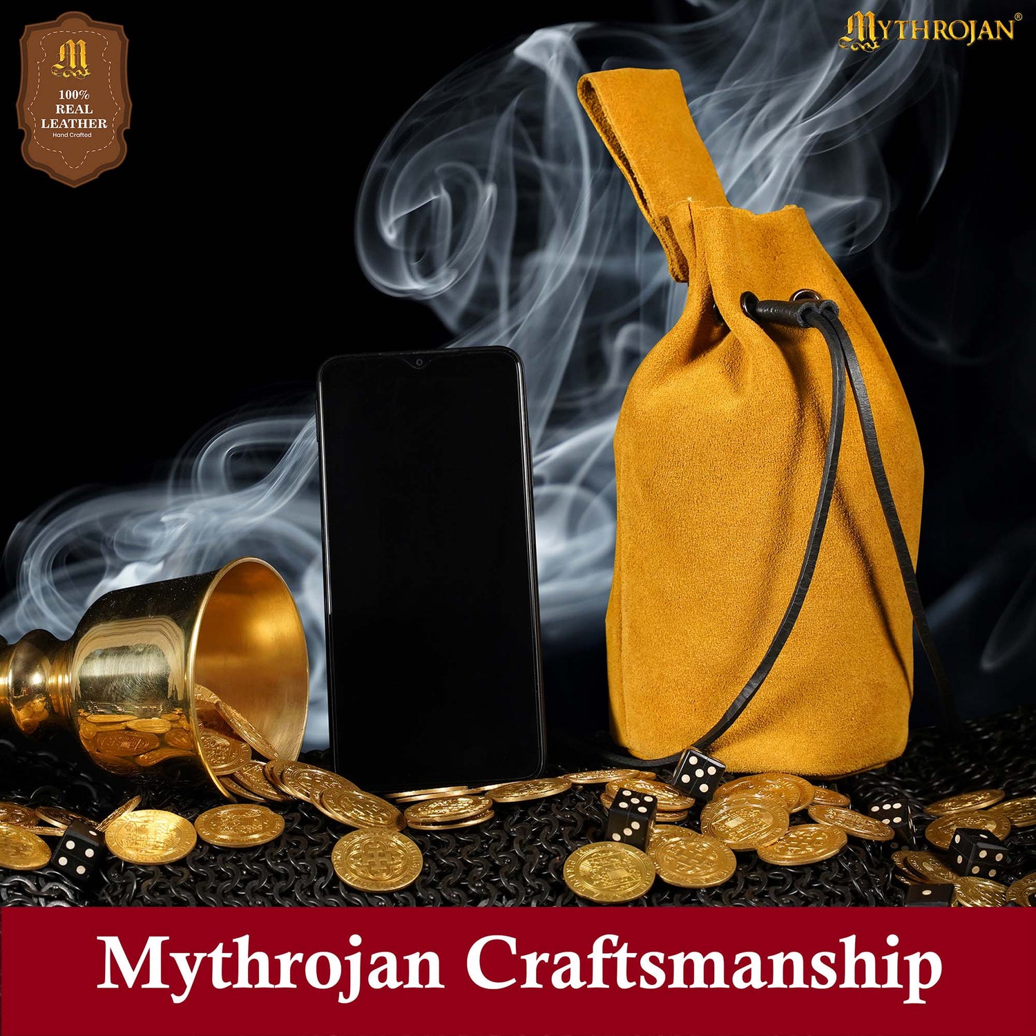 Mythrojan Medieval Drawstring Belt Bag, Ideal for SCA LARP Reenactment &amp; Ren fair , Suede Leather , Yellow 8” ×6.5 ”
