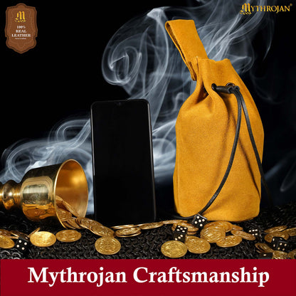 Mythrojan Medieval Drawstring Belt Bag, Ideal for SCA LARP Reenactment &amp; Ren fair , Suede Leather , Yellow 8” ×6.5 ”