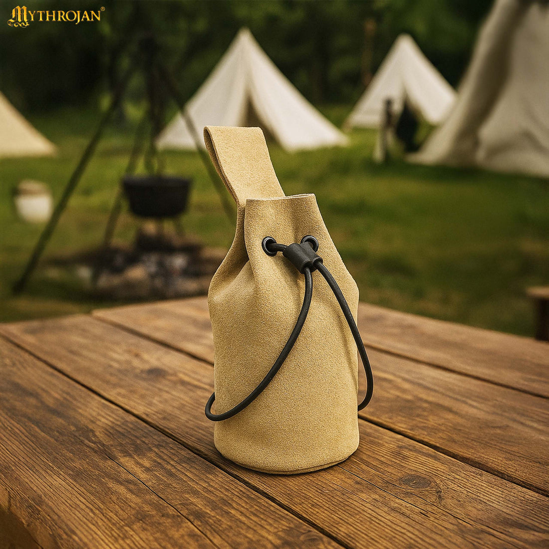 Mythrojan Medieval Drawstring Belt Bag, Ideal for SCA LARP Reenactment &amp; Ren Fair, Suede Leather, Light Green 8”×6.5”