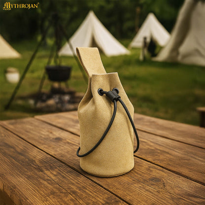 Mythrojan Medieval Drawstring Belt Bag, Ideal for SCA LARP Reenactment &amp; Ren Fair, Suede Leather, Light Green 8”×6.5”