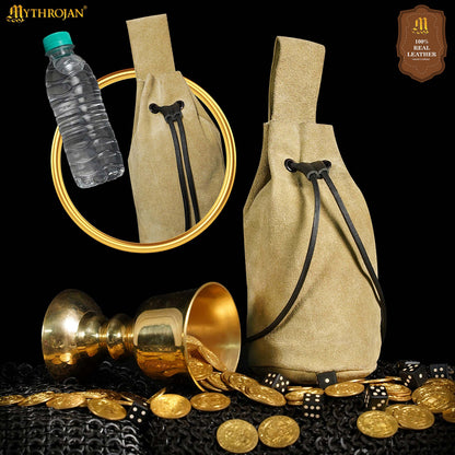 Mythrojan Medieval Drawstring Belt Bag, Ideal for SCA LARP Reenactment &amp; Ren Fair, Suede Leather, Light Green 8”×6.5”