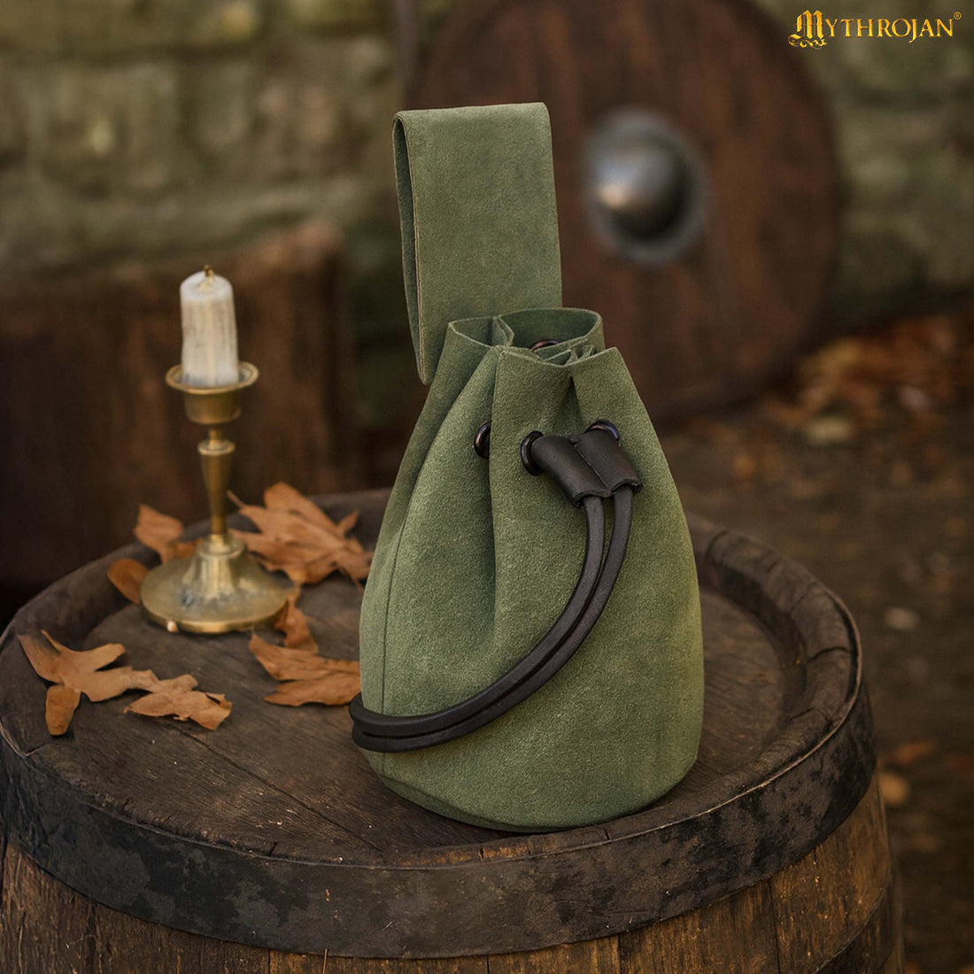 Mythrojan Medieval Drawstring Belt Bag, Ideal for SCA LARP Reenactment &amp; Ren Fair, Suede Leather, Sage 6”×5”