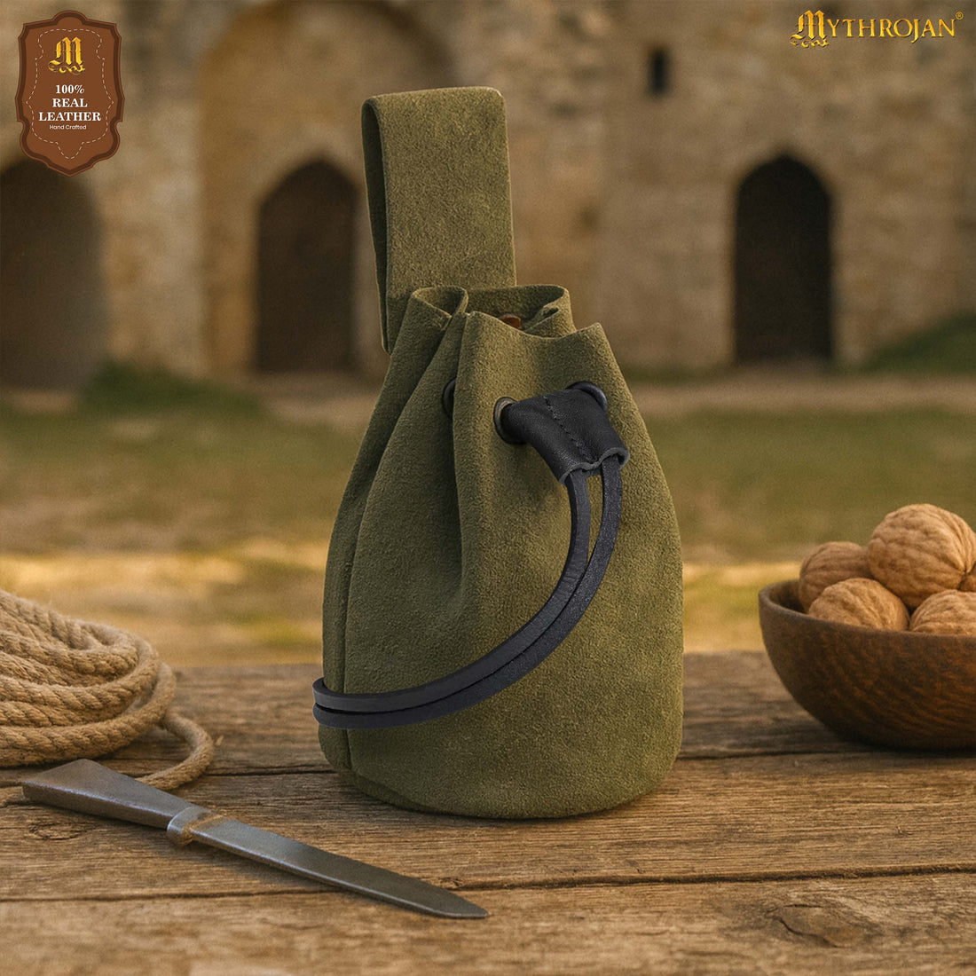 Mythrojan Medieval Drawstring Belt Bag, Ideal for SCA LARP Reenactment &amp; Ren Fair, Suede Leather, Sage 6”×5”