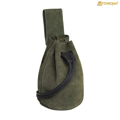 Mythrojan Medieval Drawstring Belt Bag, Ideal for SCA LARP Reenactment &amp; Ren Fair, Suede Leather, Sage 6”×5”