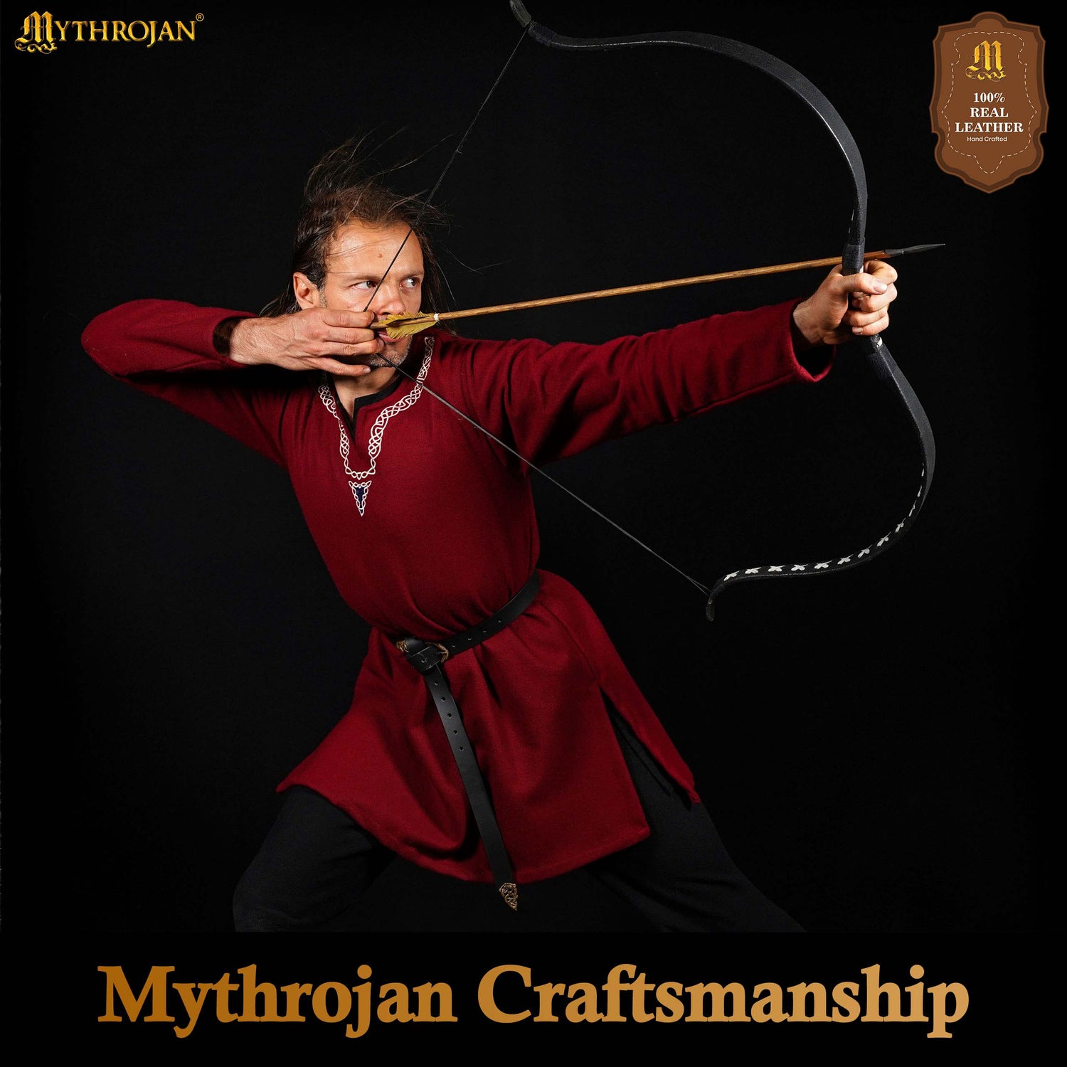 Mythrojan “ Midgard serpent” Viking Leather Belt with Solid Brass Buckle and Chape, Ideal for Shieldmaiden &amp; Warrior in LARP SCA Medieval Reenactment, BLACK