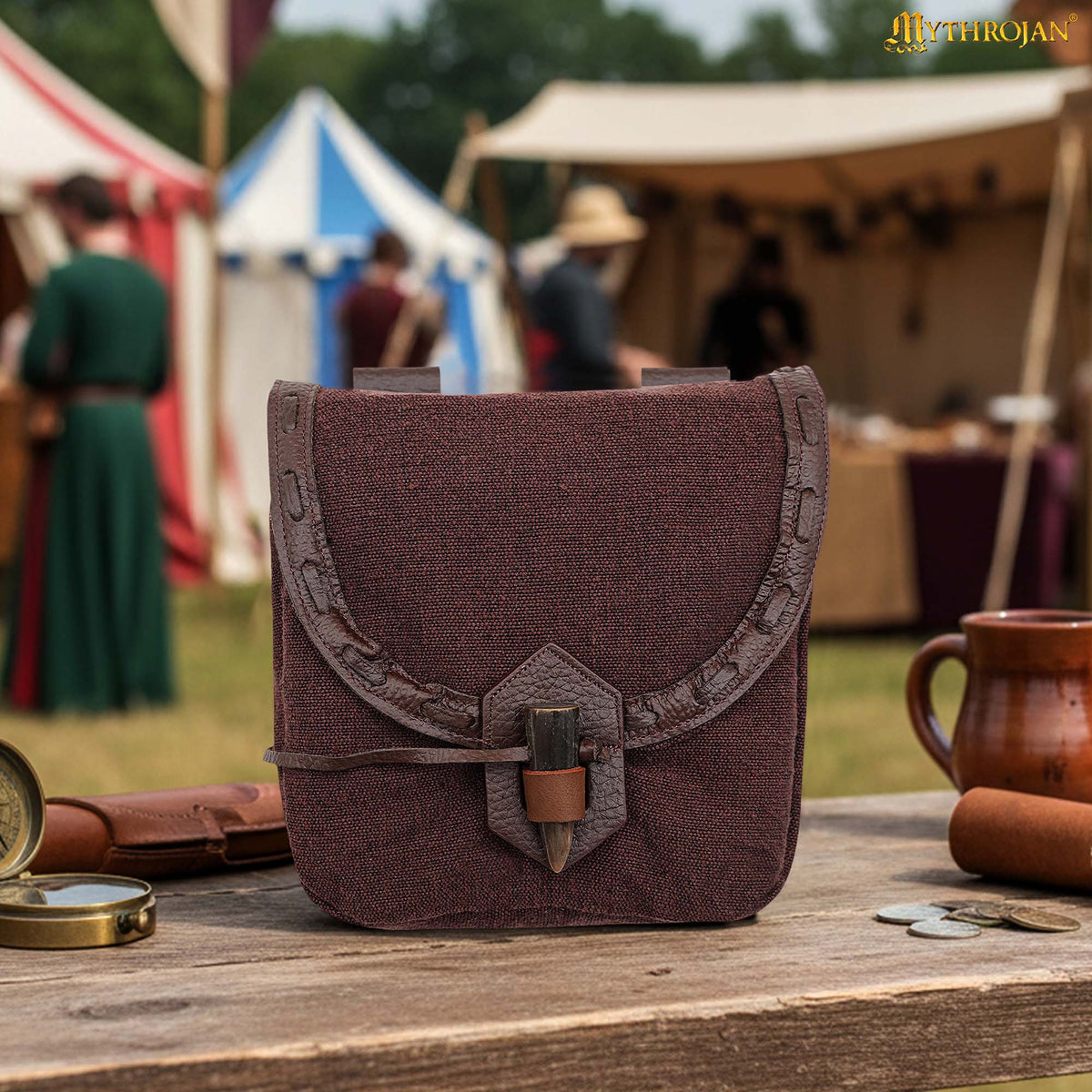 Mythrojan “The Adventurer’s” Belt Bag with Horn Toggle, Ideal for SCA LARP Reenactment &amp; Ren fair, Full Grain Leather and Handwoven Canvas , Black , 8” × 7”