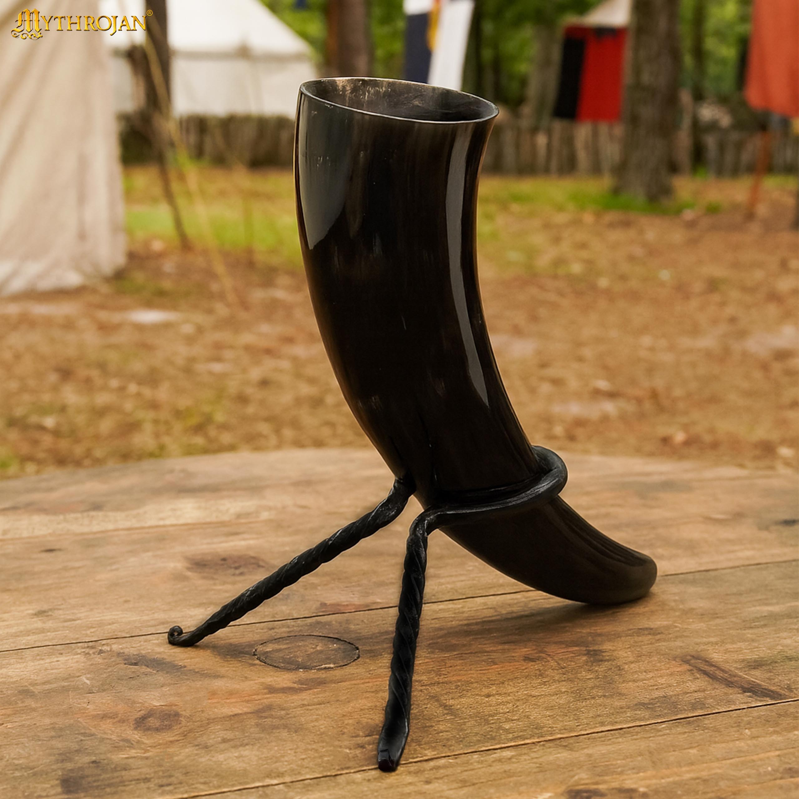 Mythrojan Hand Forged Drinking Ale Horn Rack Twisted Iron Ale Mead Horn Stand Medieval &amp; Viking - Viking