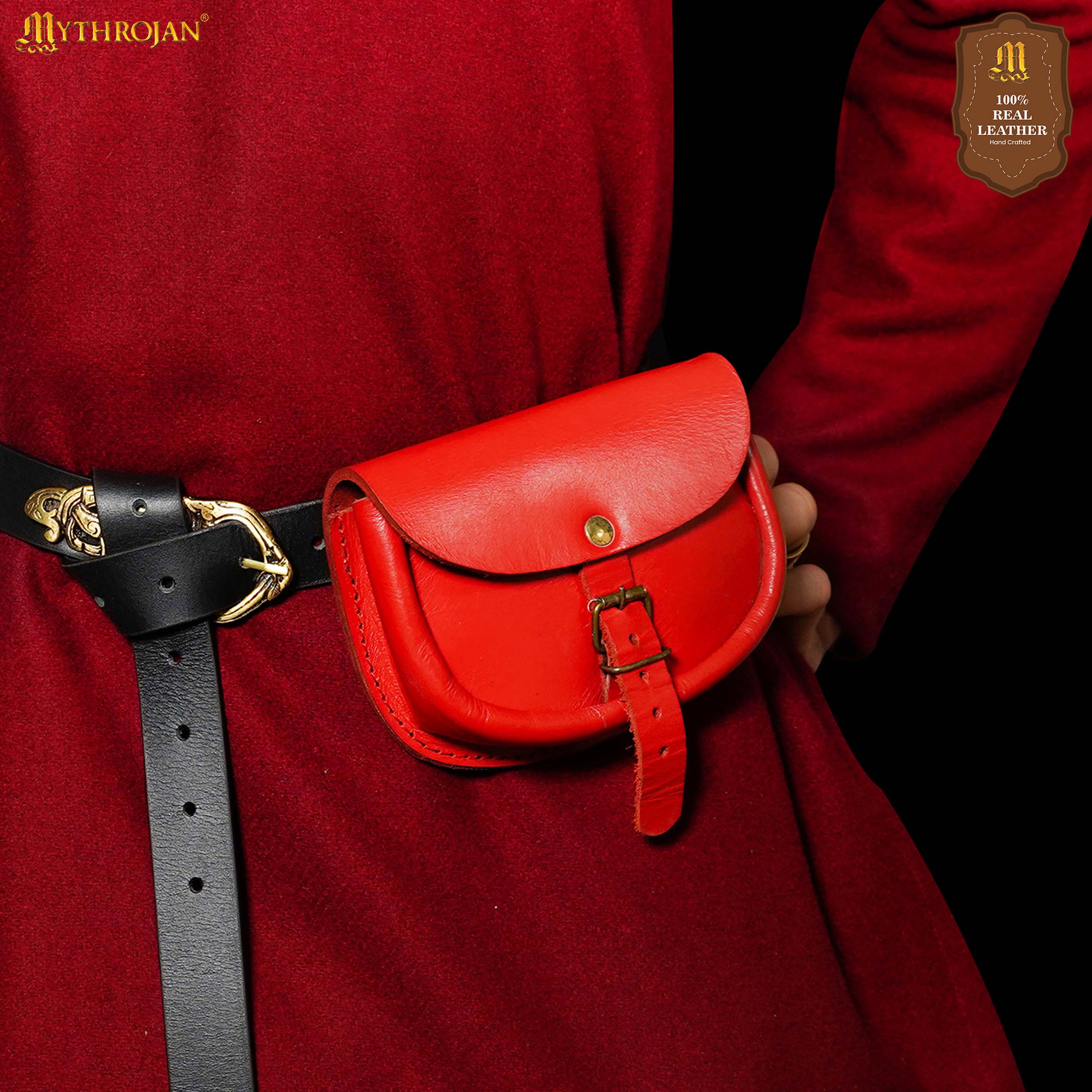 Mythrojan “ The Medieval Burglar ” Leather Bag, Ideal for SCA LARP Reenactment &amp; Ren fair - Full Grain Leather, Red 4.7 ” ×6.2 ”