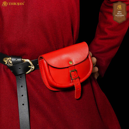Mythrojan “ The Medieval Burglar ” Leather Bag, Ideal for SCA LARP Reenactment &amp; Ren fair - Full Grain Leather, Red 4.7 ” ×6.2 ”