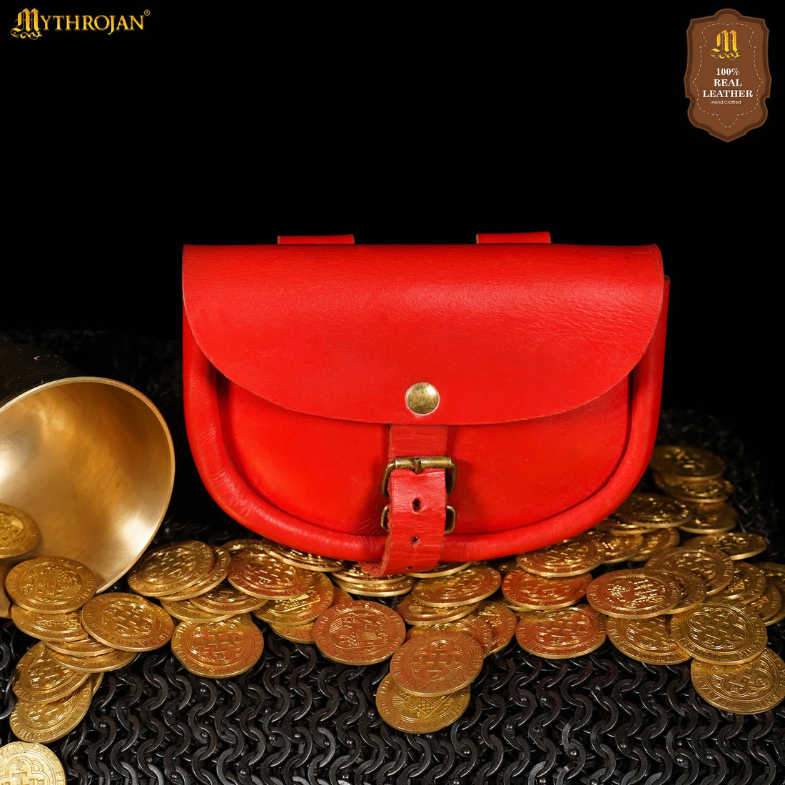 Mythrojan “ The Medieval Burglar ” Leather Bag, Ideal for SCA LARP Reenactment &amp; Ren fair - Full Grain Leather, Red 4.7 ” ×6.2 ”