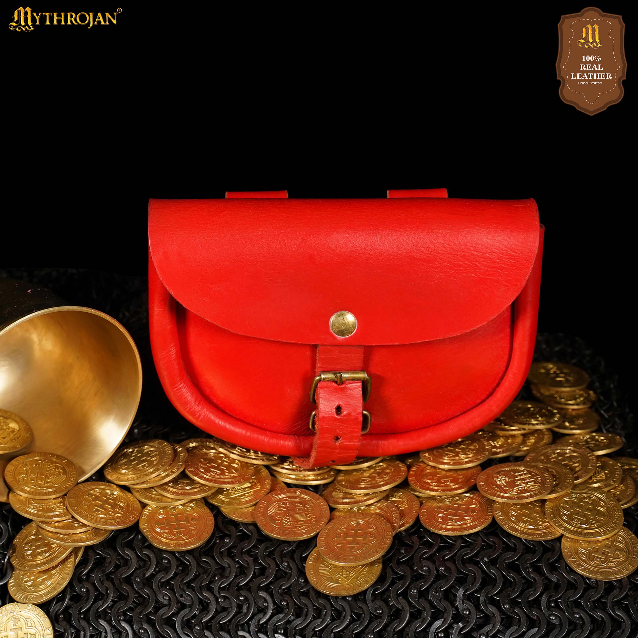 Mythrojan “ The Medieval Burglar ” Leather Bag, Ideal for SCA LARP Reenactment &amp; Ren fair - Full Grain Leather, Red 4.7 ” ×6.2 ”