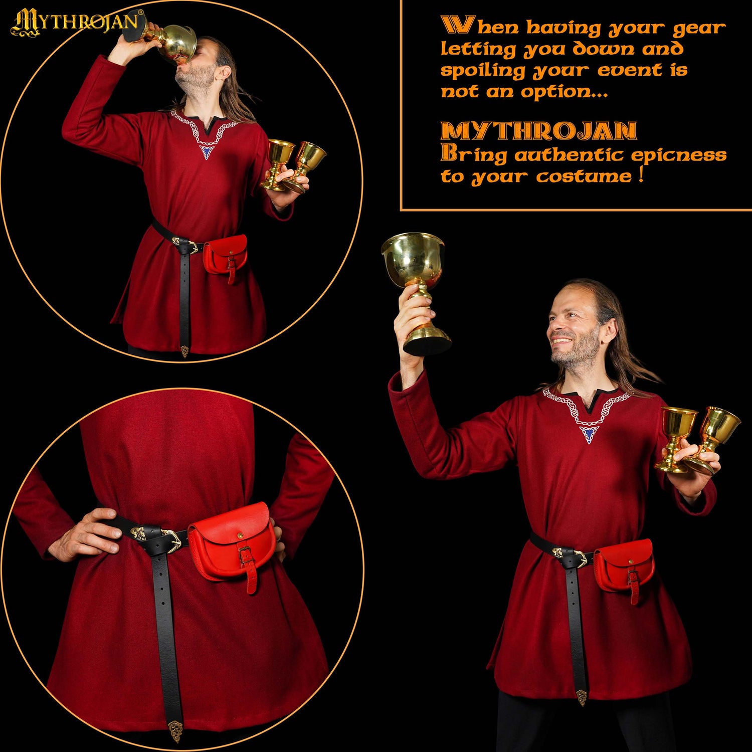 Mythrojan “ The Medieval Burglar ” Leather Bag, Ideal for SCA LARP Reenactment &amp; Ren fair - Full Grain Leather, Red 4.7 ” ×6.2 ”