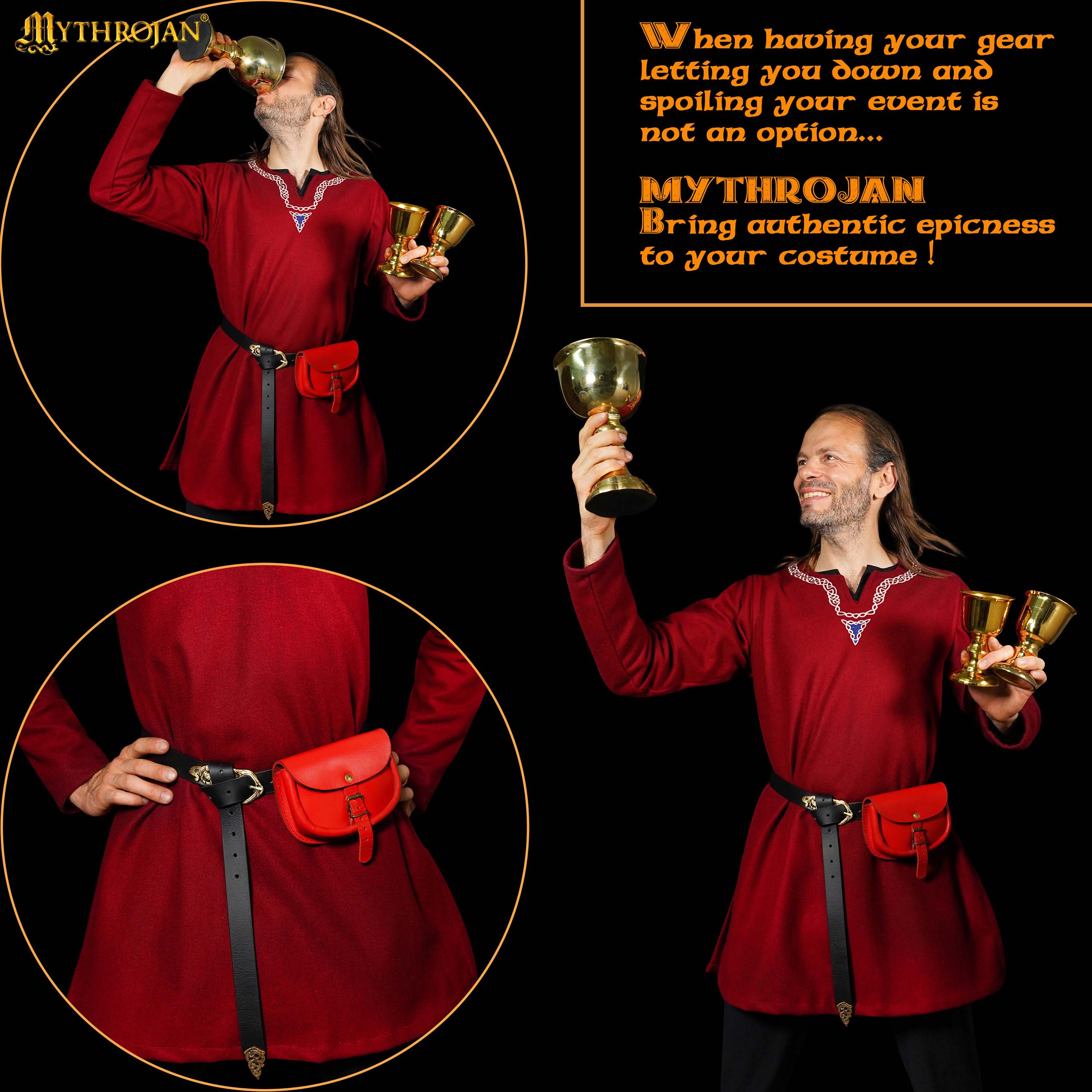 Mythrojan “ The Medieval Burglar ” Leather Bag, Ideal for SCA LARP Reenactment &amp; Ren fair - Full Grain Leather, Red 4.7 ” ×6.2 ”