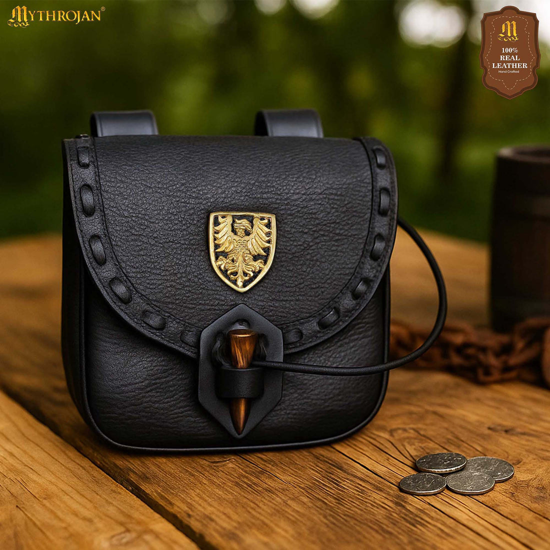 Mythrojan “The Adventurer’s” Belt Bag with Solid Brass Eagle Decoration , Ideal for SCA LARP Reenactment &amp; Ren fair, Full Grain Leather, Black , 8”x 7”