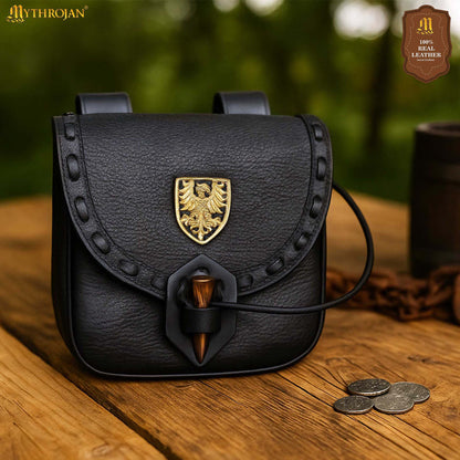 Mythrojan “The Adventurer’s” Belt Bag with Solid Brass Eagle Decoration , Ideal for SCA LARP Reenactment &amp; Ren fair, Full Grain Leather, Black , 8”x 7”