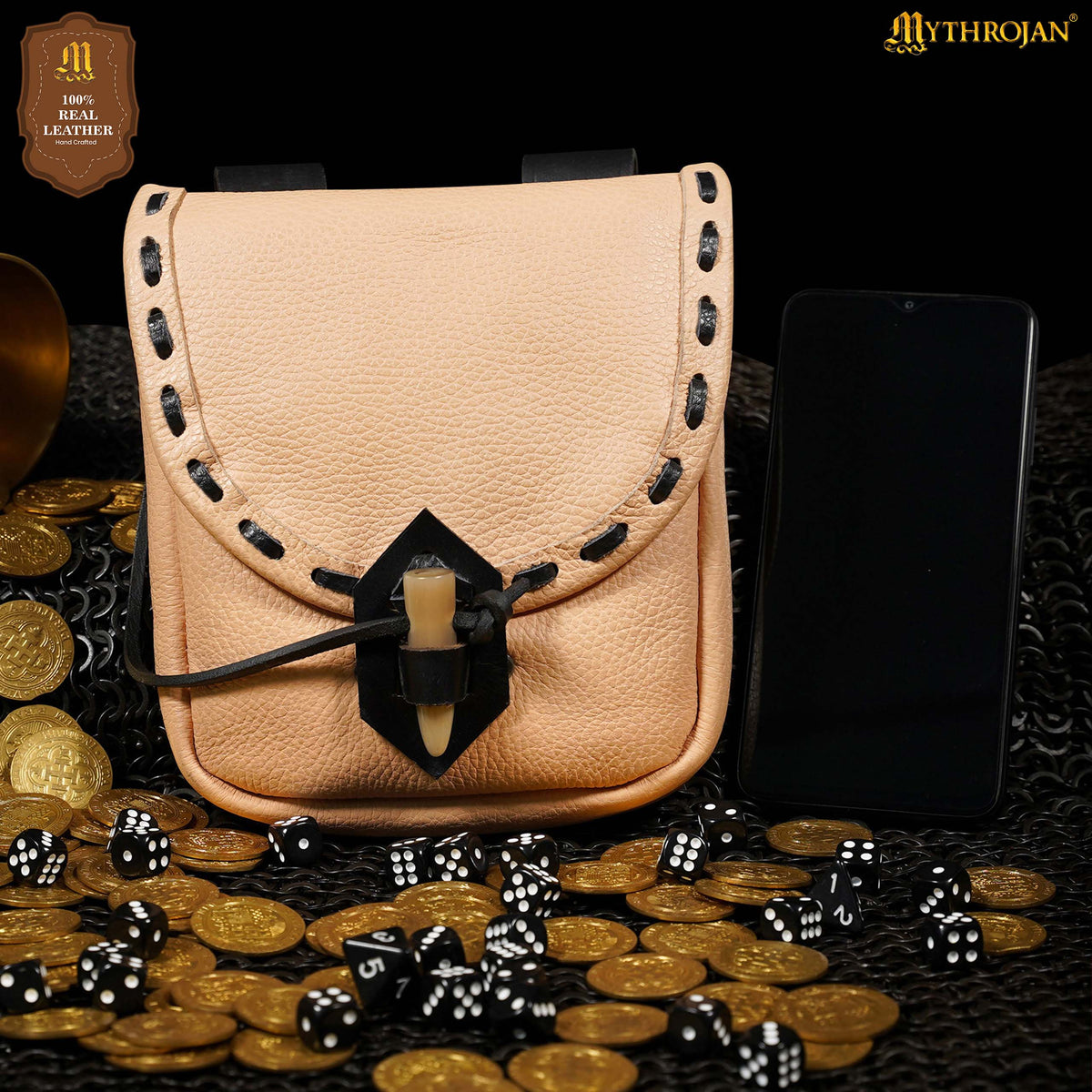 Mythrojan “The Adventurer’s” Belt Bag with Horn Toggle, Ideal for SCA LARP Reenactment &amp; Ren fair, Full Grain Leather, Blue, 8”x 7”