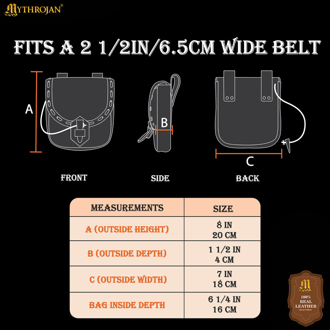 Mythrojan “The Adventurer’s” Belt Bag with Horn Toggle, Ideal for SCA LARP Reenactment &amp; Ren fair, Full Grain Leather, Natural, 8”x 7”